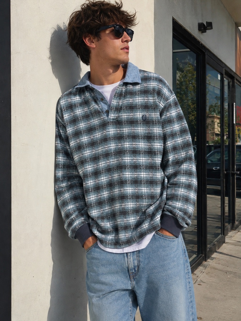 Urban Outfitters Blue Gray Plaid Long Sleeve Rugby Polo Shirt Small Y2K